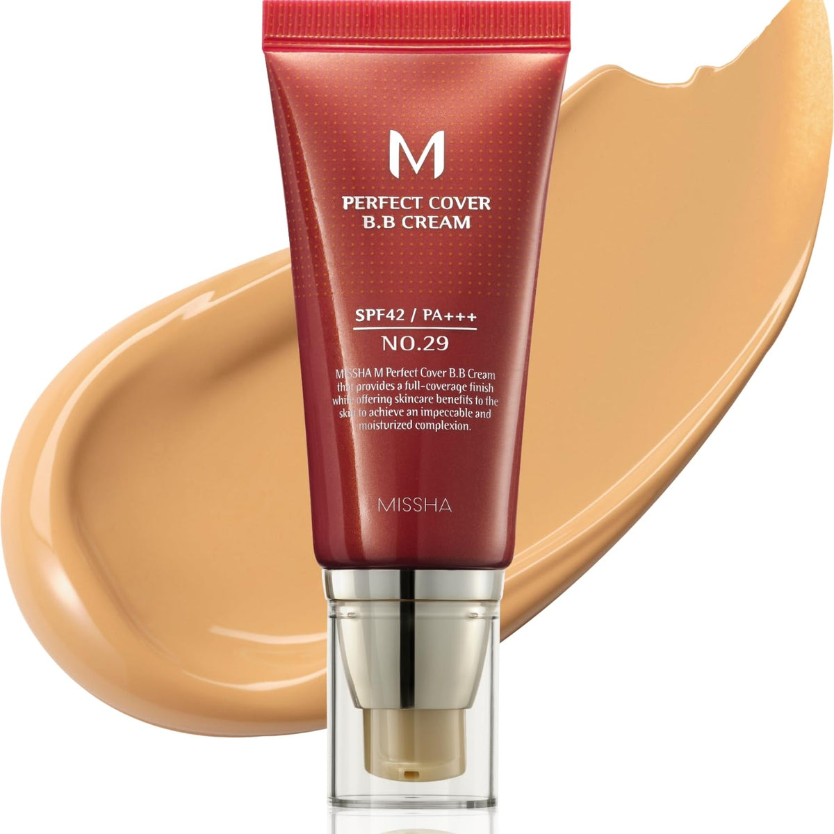 Missha M Perfect Cover BB Cream No.29 Caramel Beige bottle displaying shade and SPF 42 PA+++