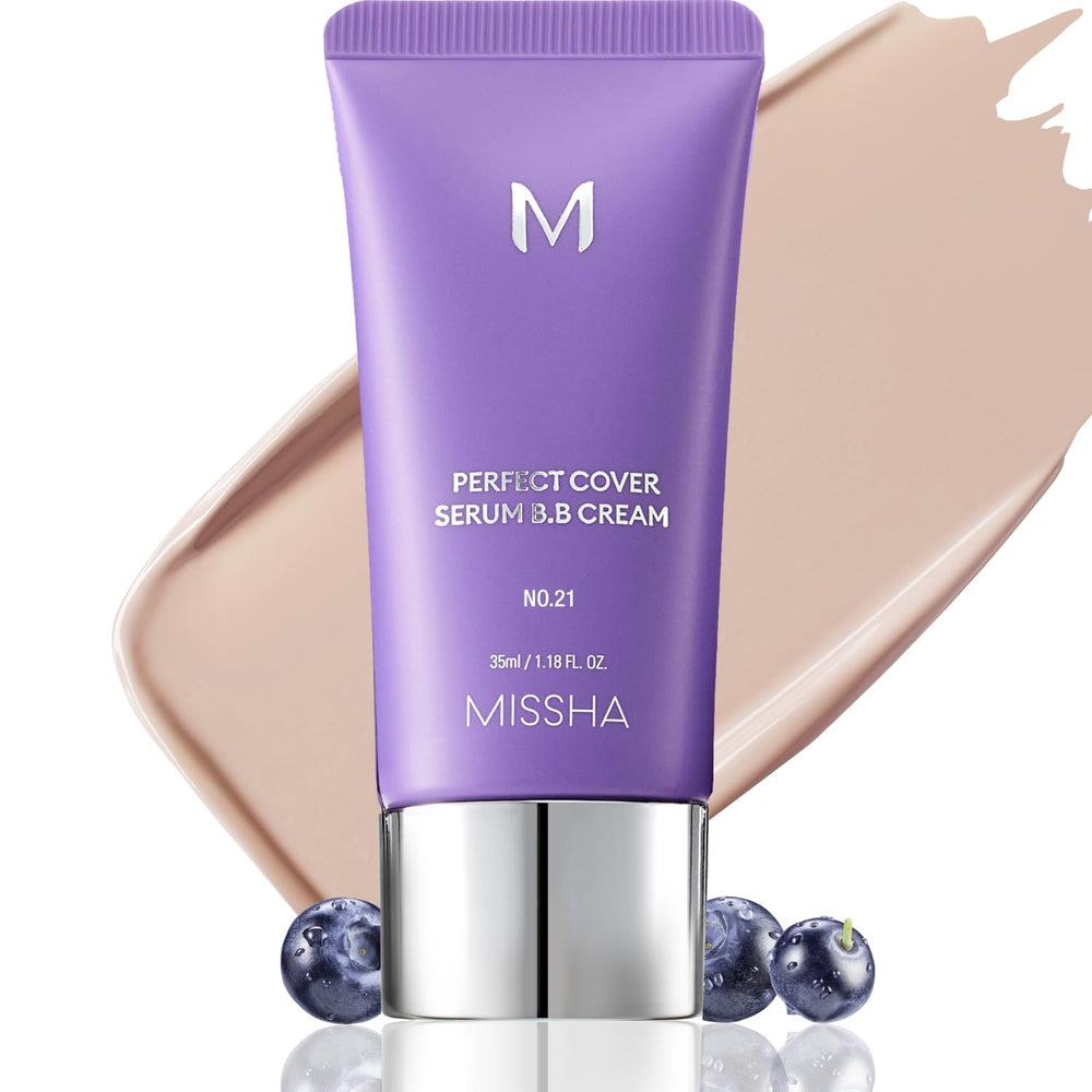 MISSHA M Perfect Cover Serum BB Cream No.21 packaging with pump for easy daily use.