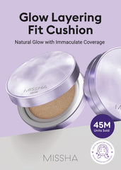 MISSHA Serum Cushion Glow Layering Fit soft puff demonstrates gentle blending for seamless glow.