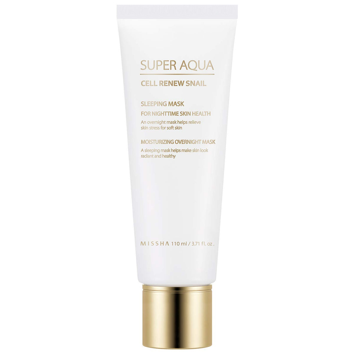 MISSHA Super Aqua Cell Renew Snail Sleeping Mask bottle promotes overnight hydration for refreshed skin.