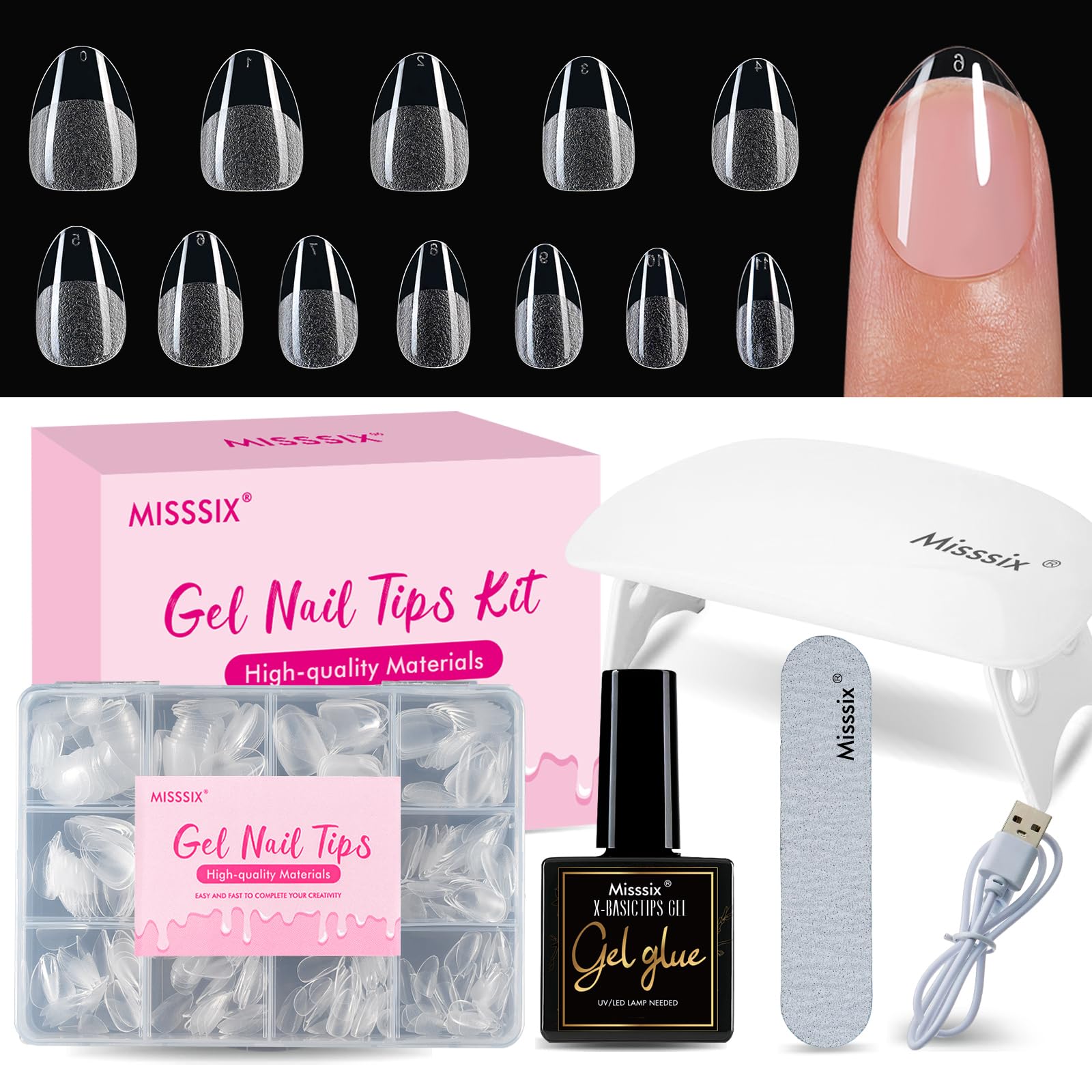 Misssix extra short almond nail tips kit with 216 durable tips for quick at-home manicures.