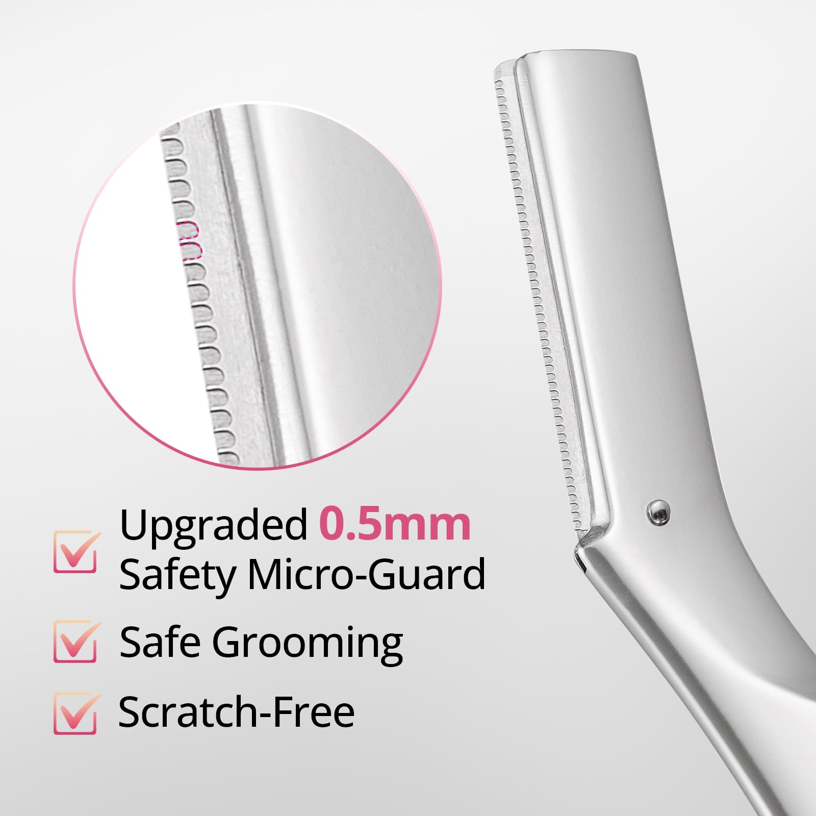 Mistfree Dermaplane Razor blade closeup shows sharp, clean shaving capability.