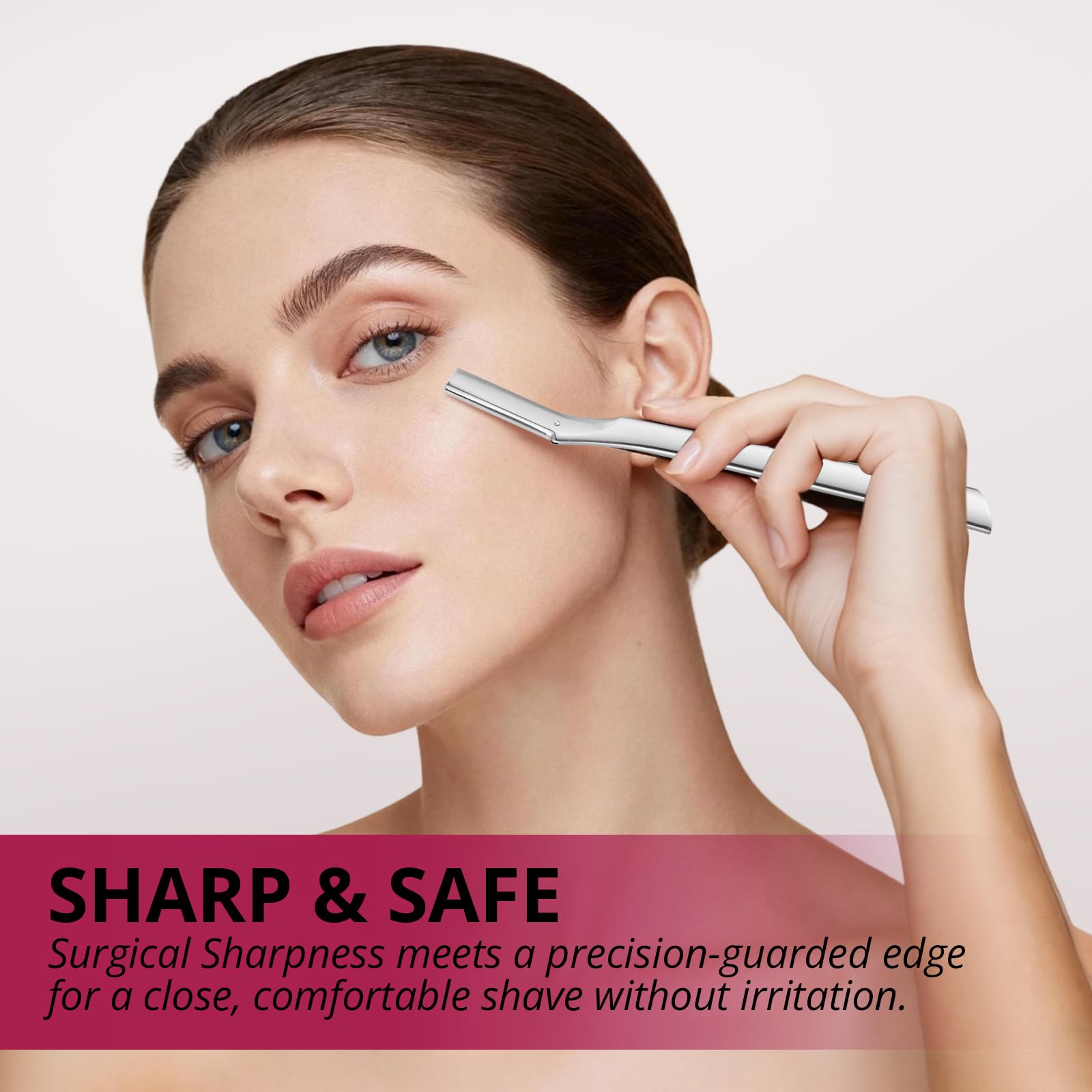 Mistfree Dermaplane Razor eyebrow use displays precise shaping near brows.