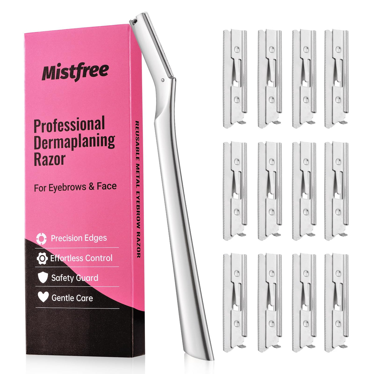 Mistfree Dermaplane Razor packaging showcases durable metal design for long-lasting use.