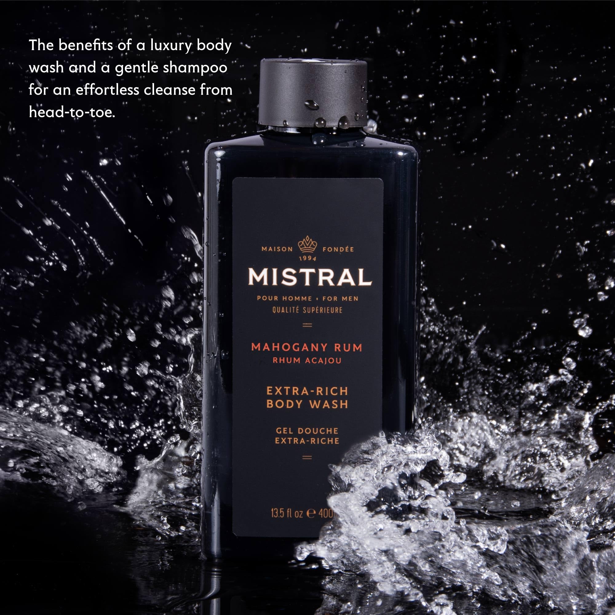 Mistral 2-in-1 bath gel bottle illustrating convenient head-to-toe cleansing.