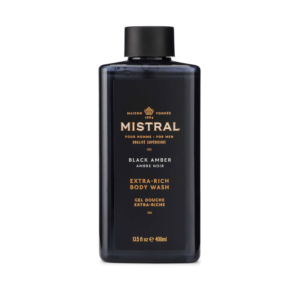 Mistral Black Amber bottle shows premium fragrance for daily grooming.