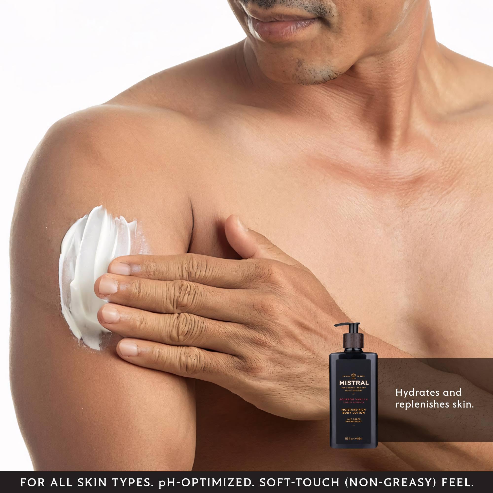 Mistral Bourbon Vanilla lotion applied to forearm for quick hydration.