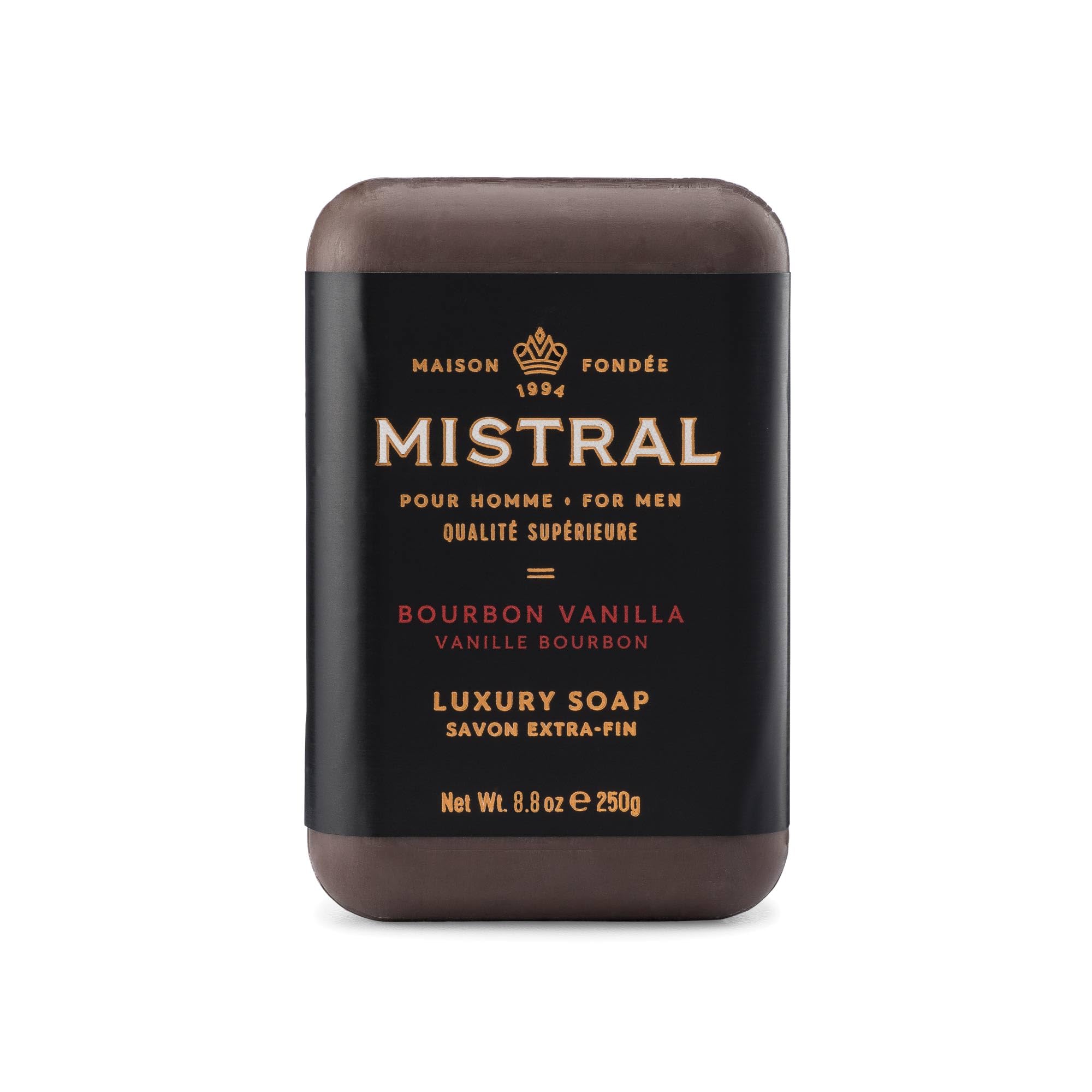Mistral Bourbon Vanilla bar soap packaging suggests a premium daily grooming ritual