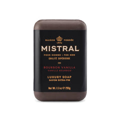 Mistral Bourbon Vanilla bar soap packaging suggests a premium daily grooming ritual