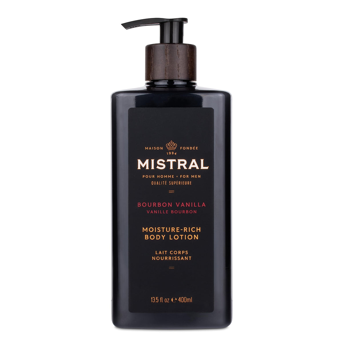 Mistral Bourbon Vanilla body lotion bottle with hydrating formula for daily use.