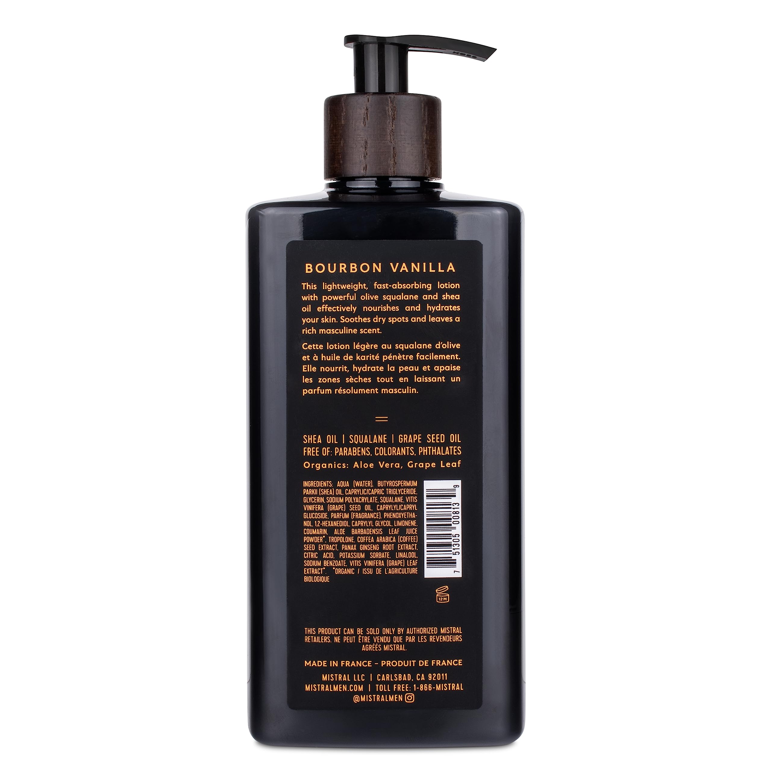 Close-up of Mistral Bourbon Vanilla lotion texture showing lightweight finish.
