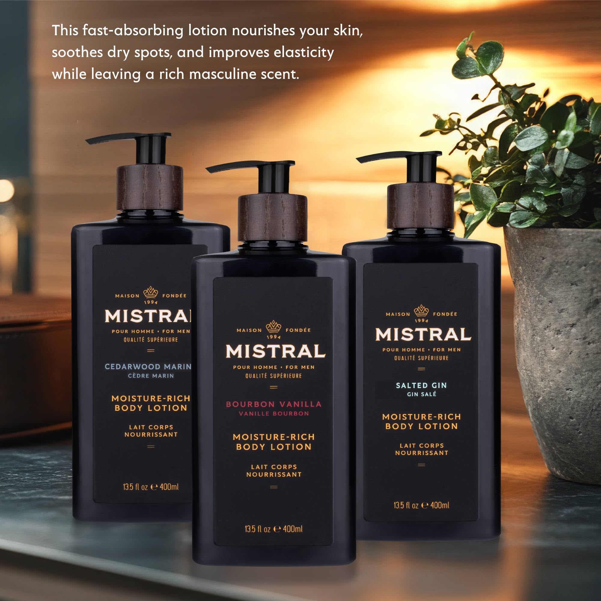 Mistral Bourbon Vanilla fragrance badge indicating bold masculine aroma.