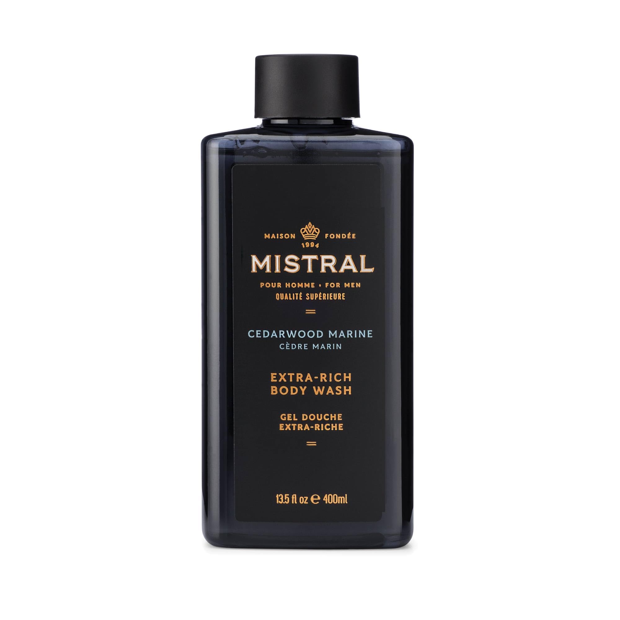 Mistral Cedarwood Marine bottle on the bathroom shelf with refreshing scent.