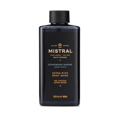 Mistral Cedarwood Marine bottle on the bathroom shelf with refreshing scent.