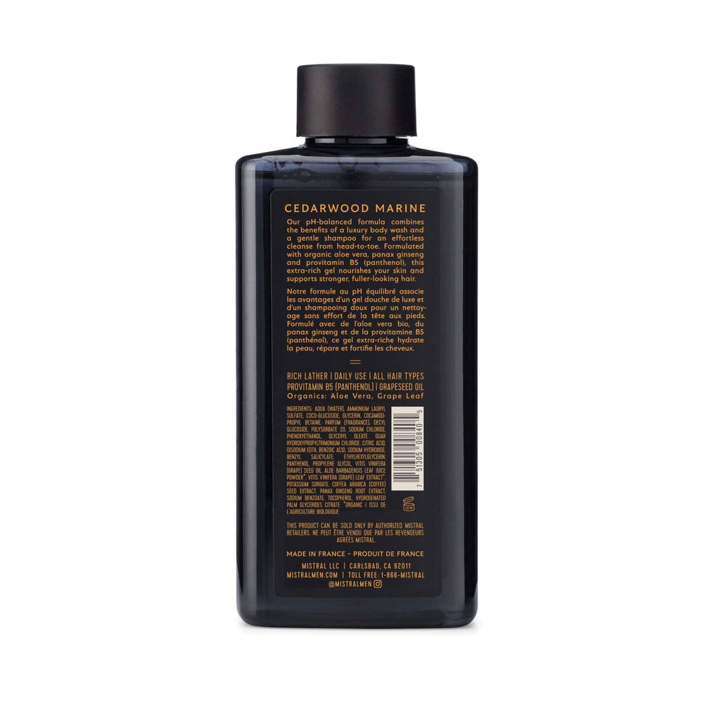 Mistral Cedarwood Marine creamy lather for a gentle head-to-toe cleanse.
