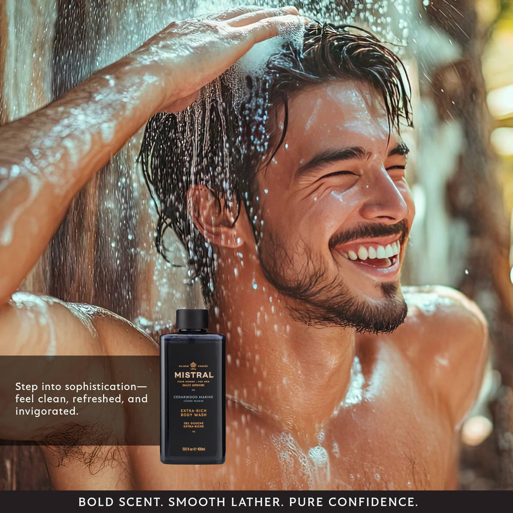 Mistral Cedarwood Marine bottle showcases moisturizing shower gel for skin hydration.