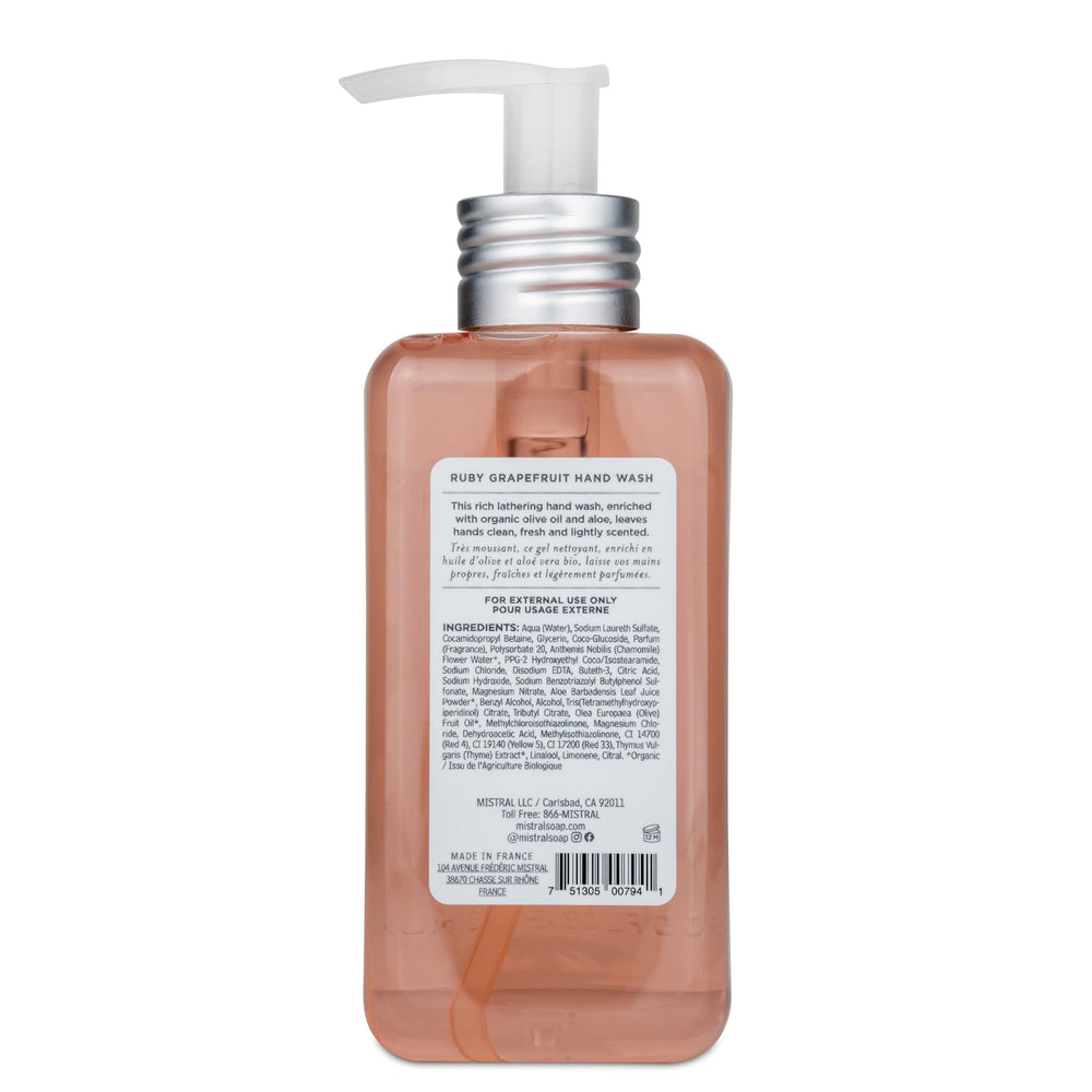 Mistral Classics Hand Wash Ruby Grapefruit packaging close-up highlighting natural extracts and clean ingredients.