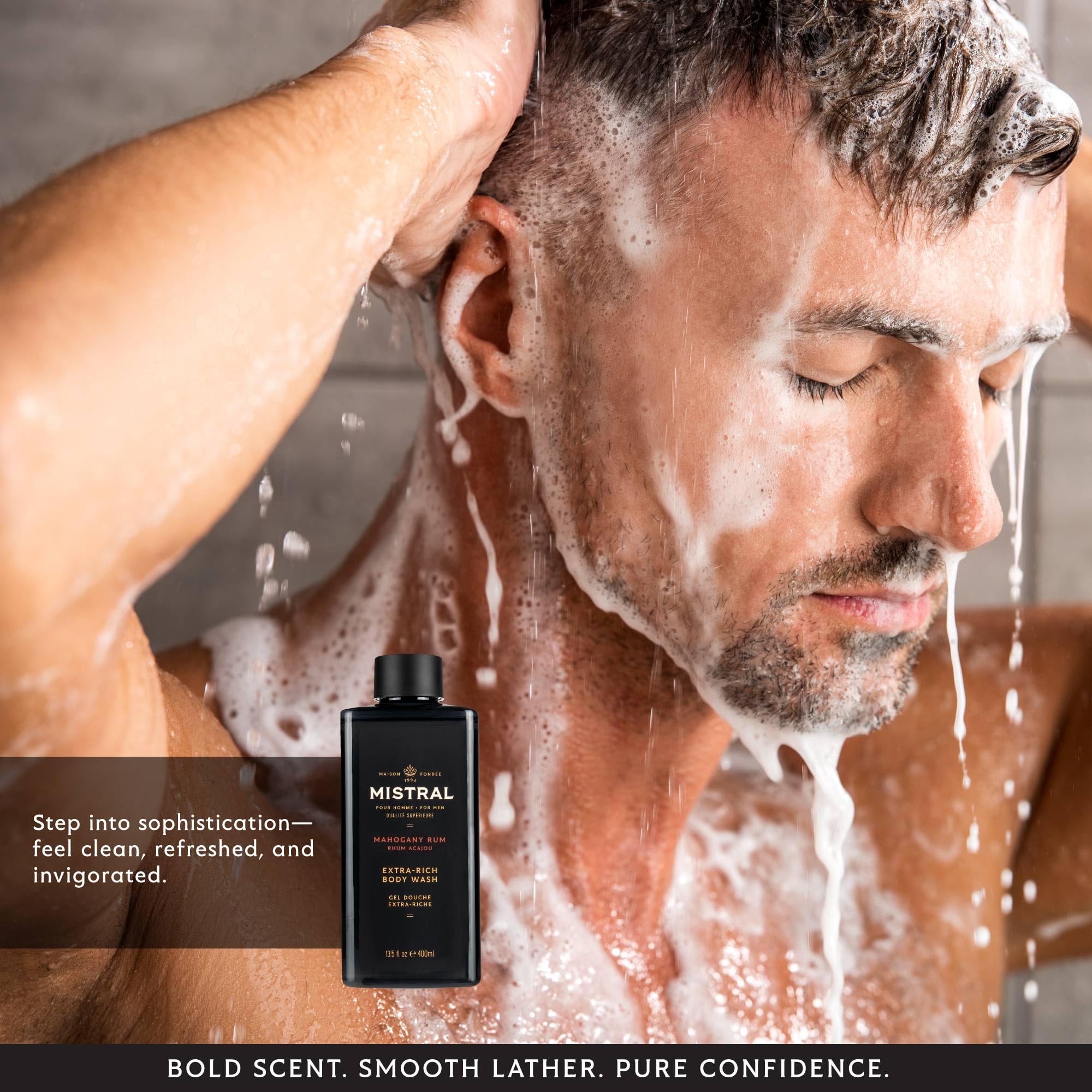Mistral Mahogany Rum foam in shower creating rich lather.