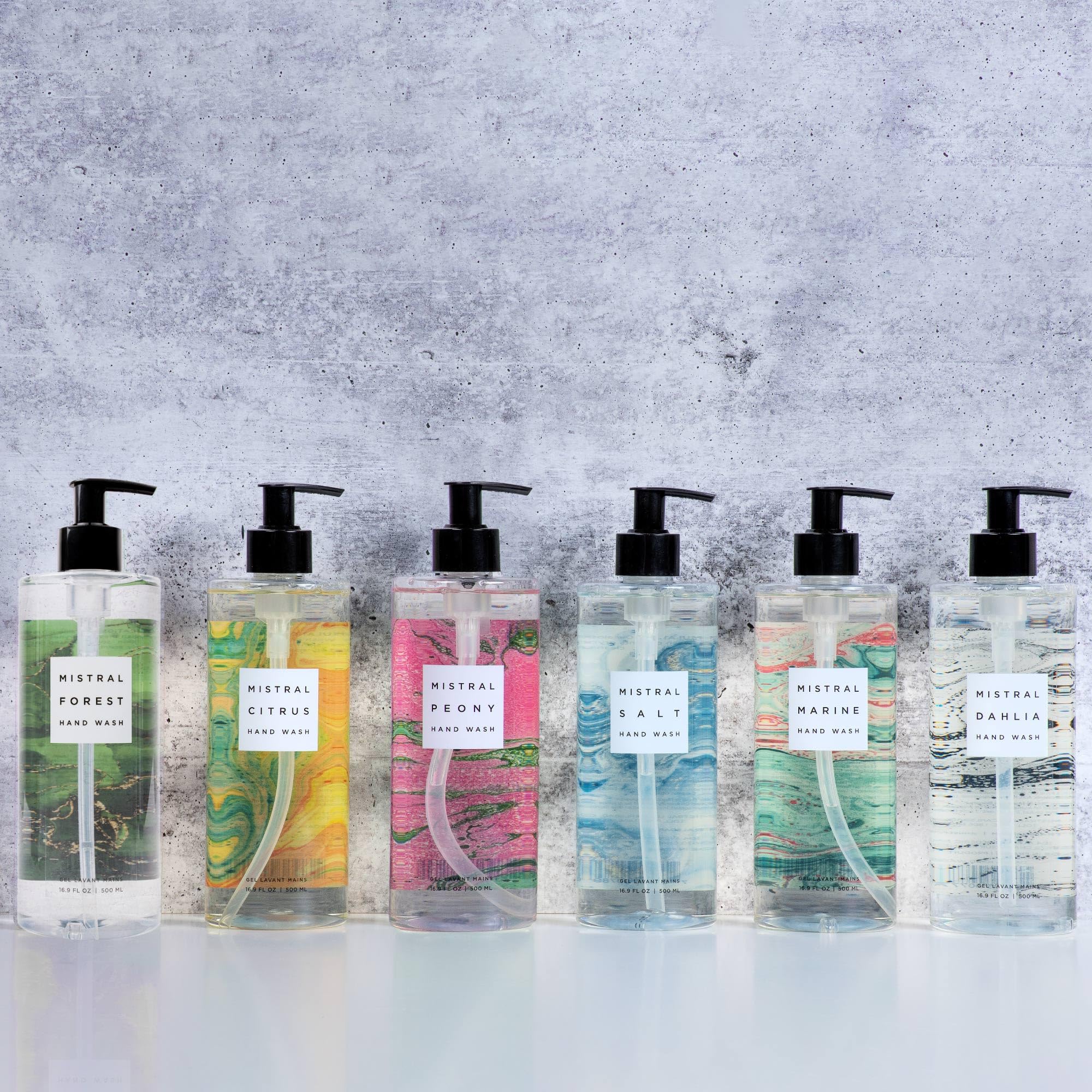 Mistral Marbles Hand Wash ingredients list featuring olive oil and chamomile.