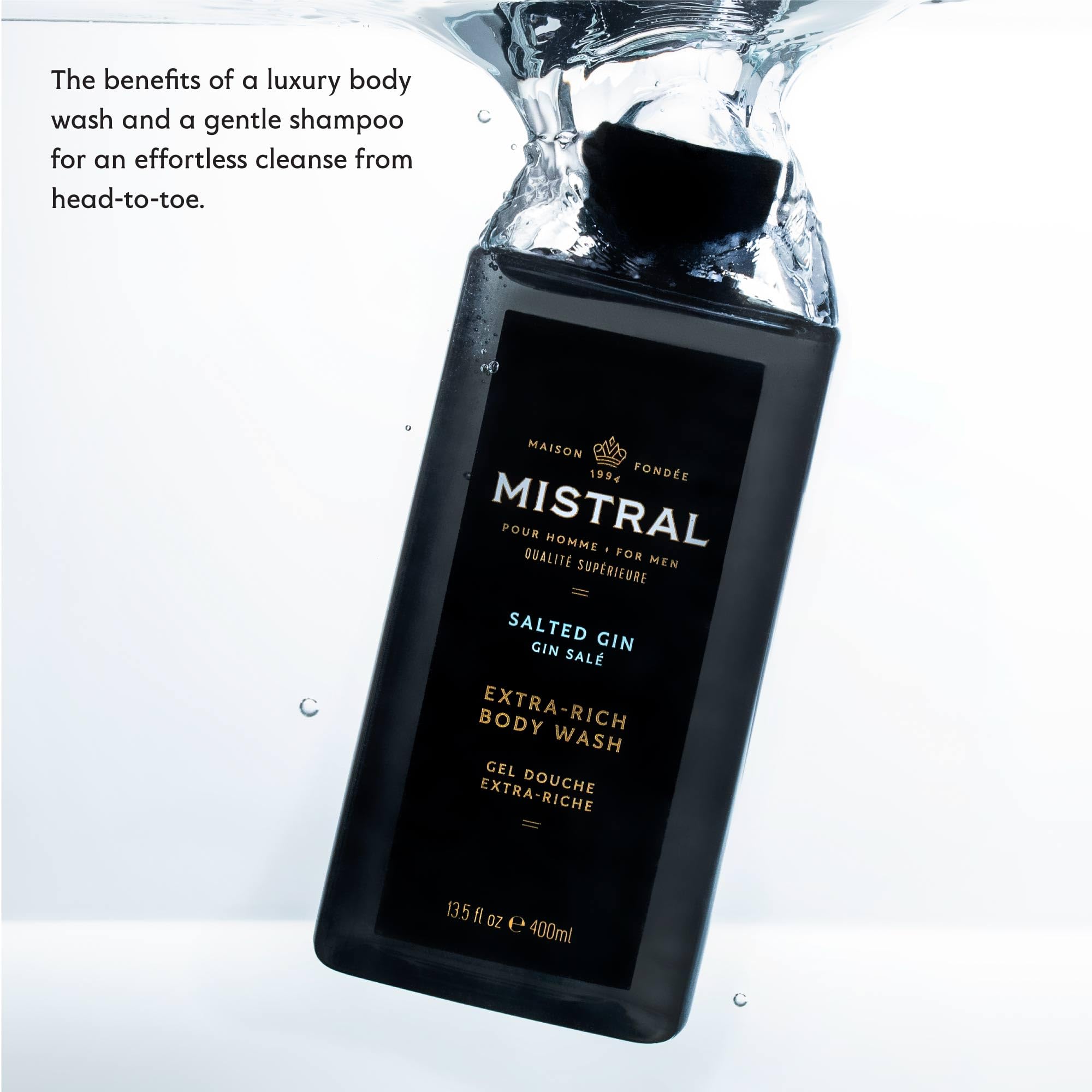 Mistral Salted Gin foam demonstrates 2-in-1 cleansing for skin