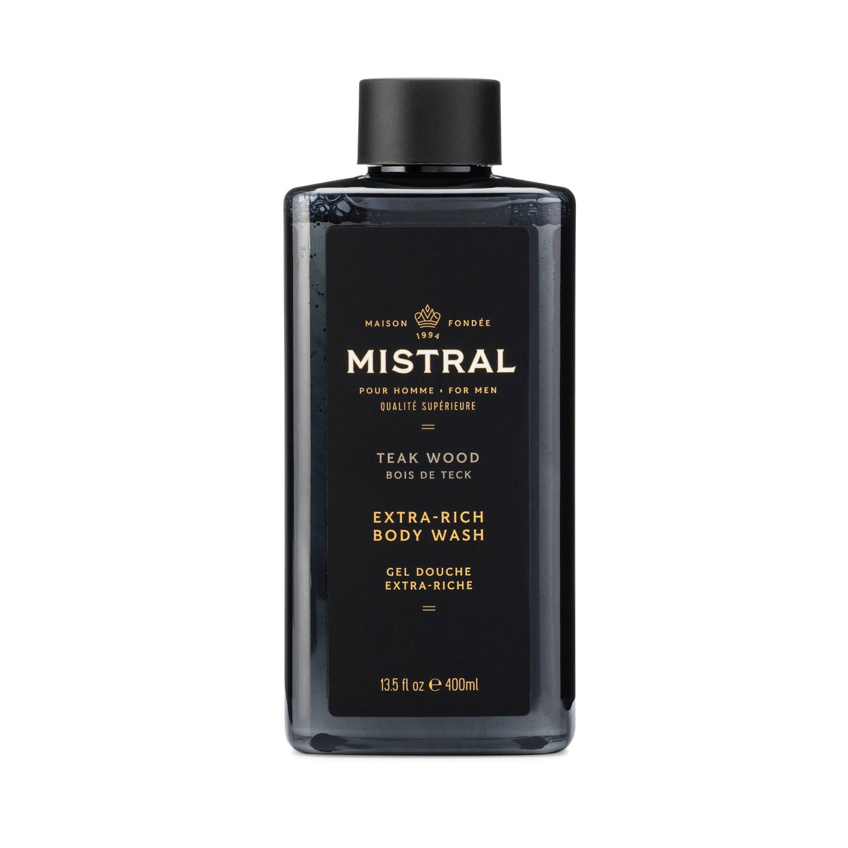 Mistral Teakwood 2-in-1 bottle front view with lasting aroma for daily grooming.