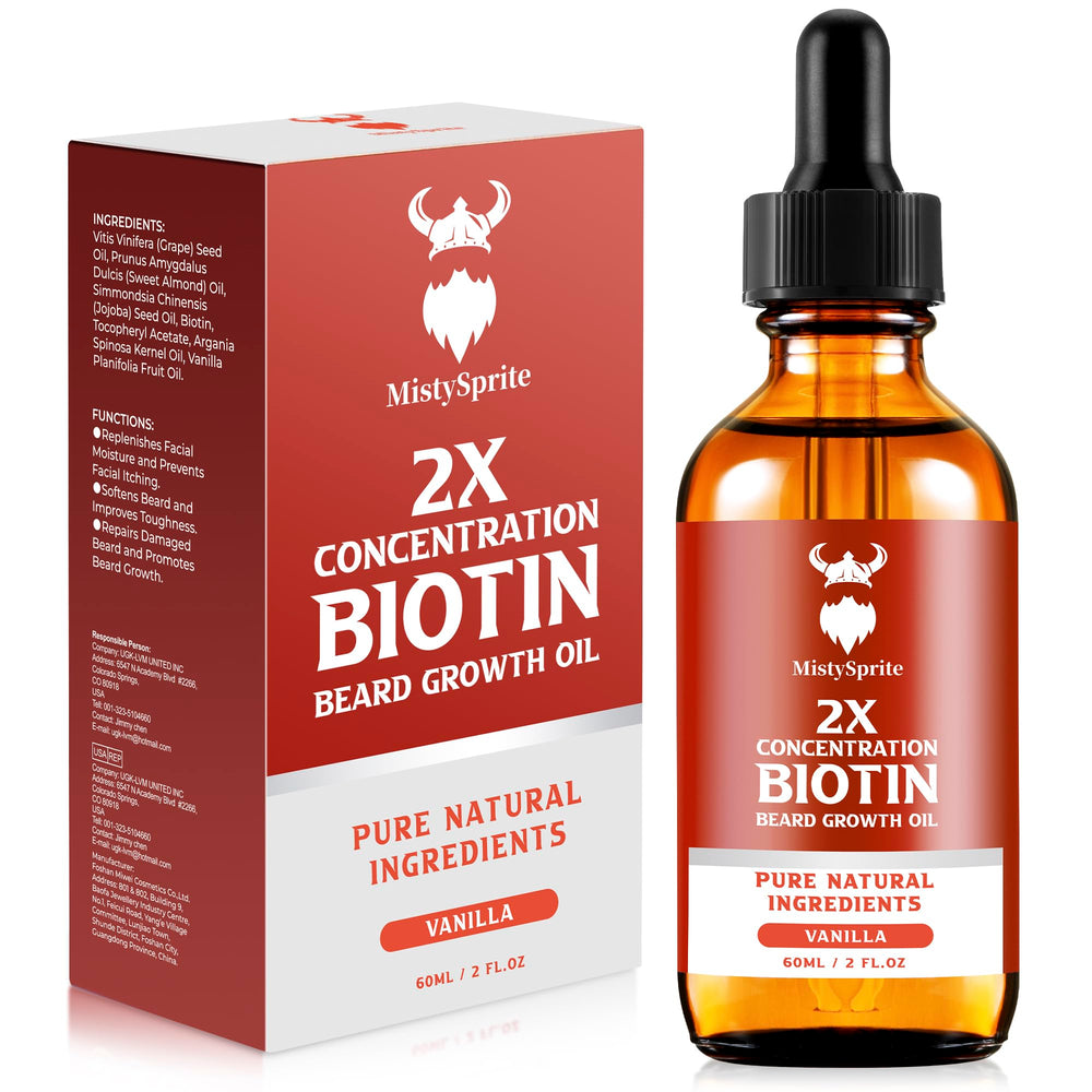 MistySprite Beard Growth Oil bottle highlights biotin-rich formula for a fuller, healthier beard