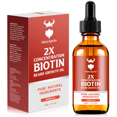 MistySprite Beard Growth Oil bottle highlights biotin-rich formula for a fuller, healthier beard