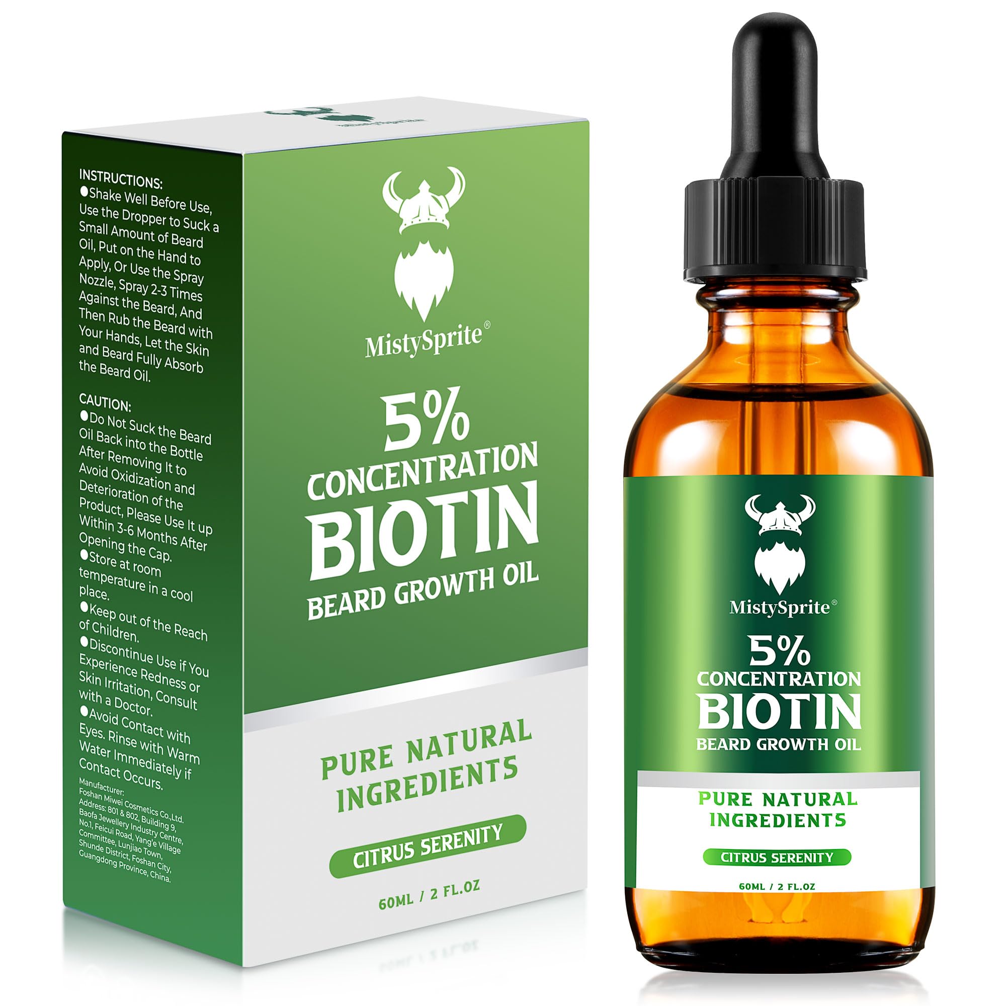 MistySprite beard oil bottle showing 5 percent biotin delivery to beard roots