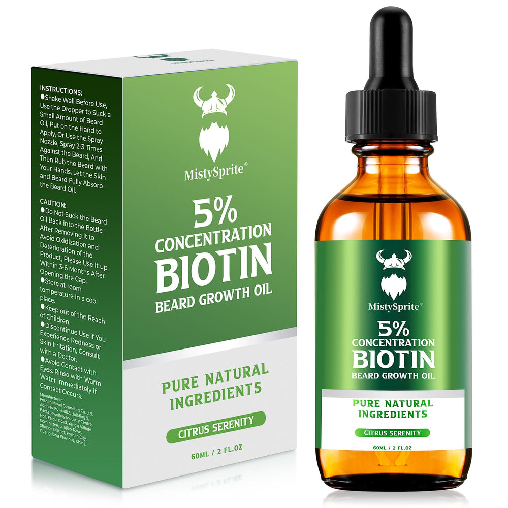 MistySprite beard oil bottle showing 5 percent biotin delivery to beard roots