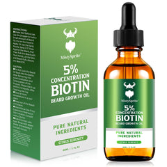 MistySprite beard oil bottle showing 5 percent biotin delivery to beard roots