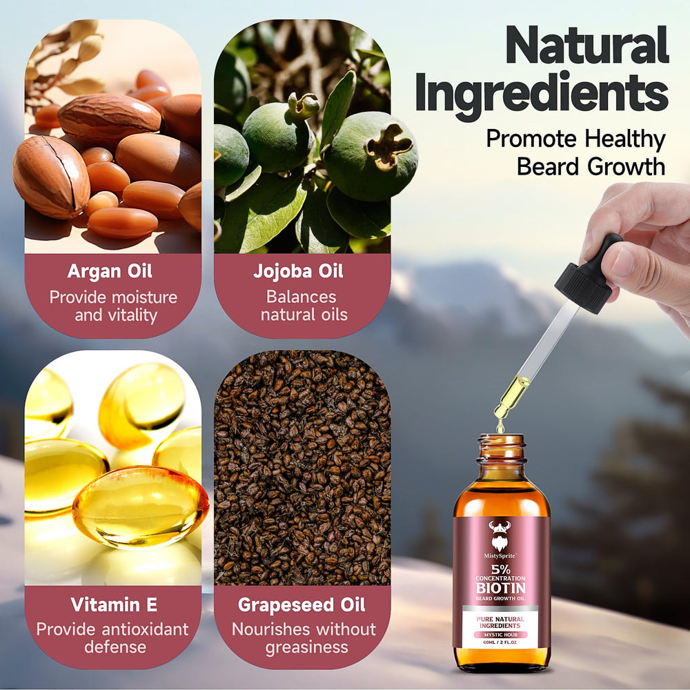 MistySprite biotin beard oil application on beard delivers smooth texture and subtle fragrance