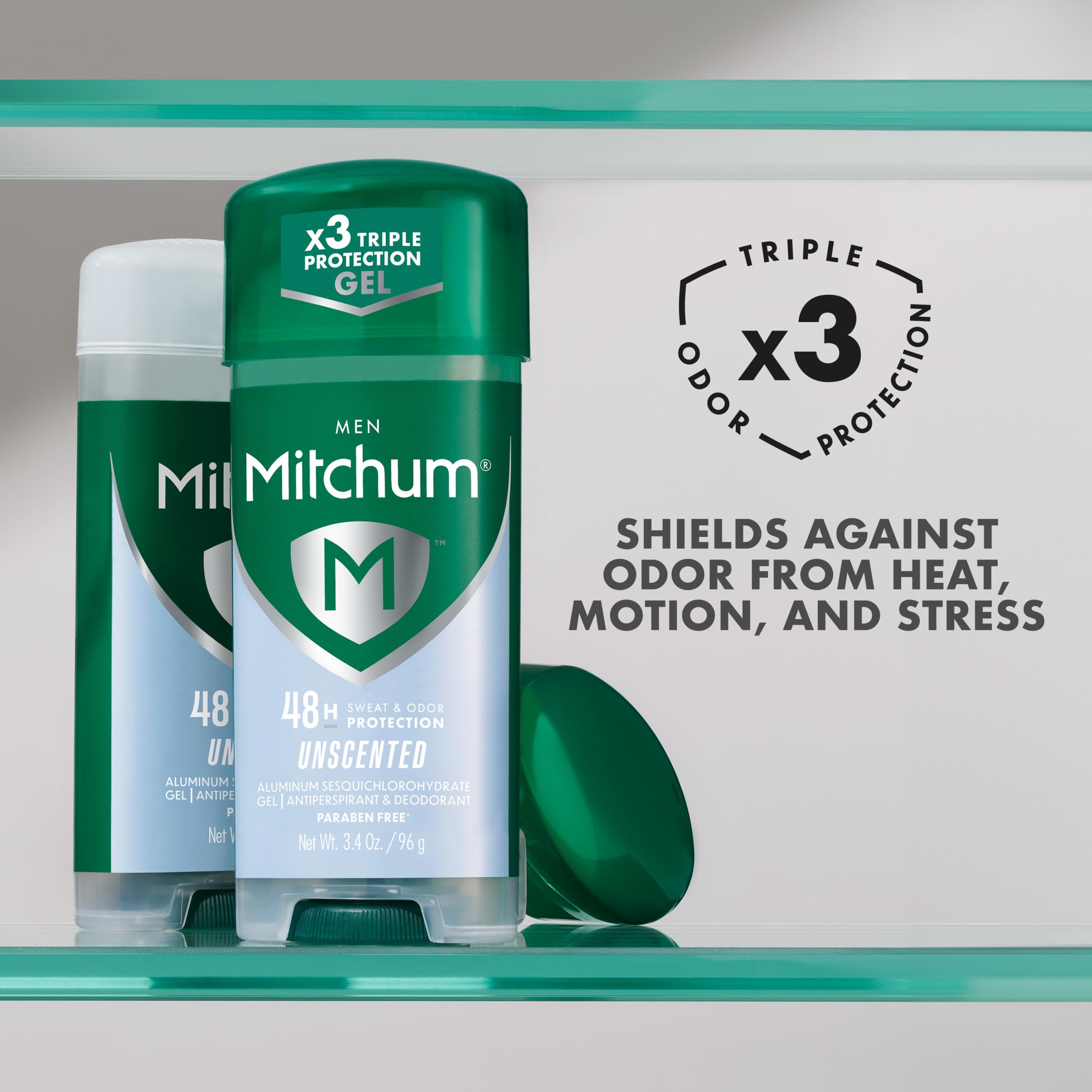 Mitchum logo with dermatologist-tested badge signals trusted skin safety for daily wear.