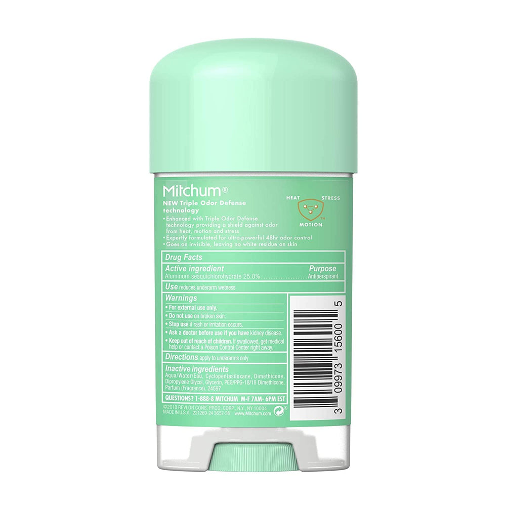 Mitchum Gel Powder Fresh Pack back highlights four-pack value and portability.