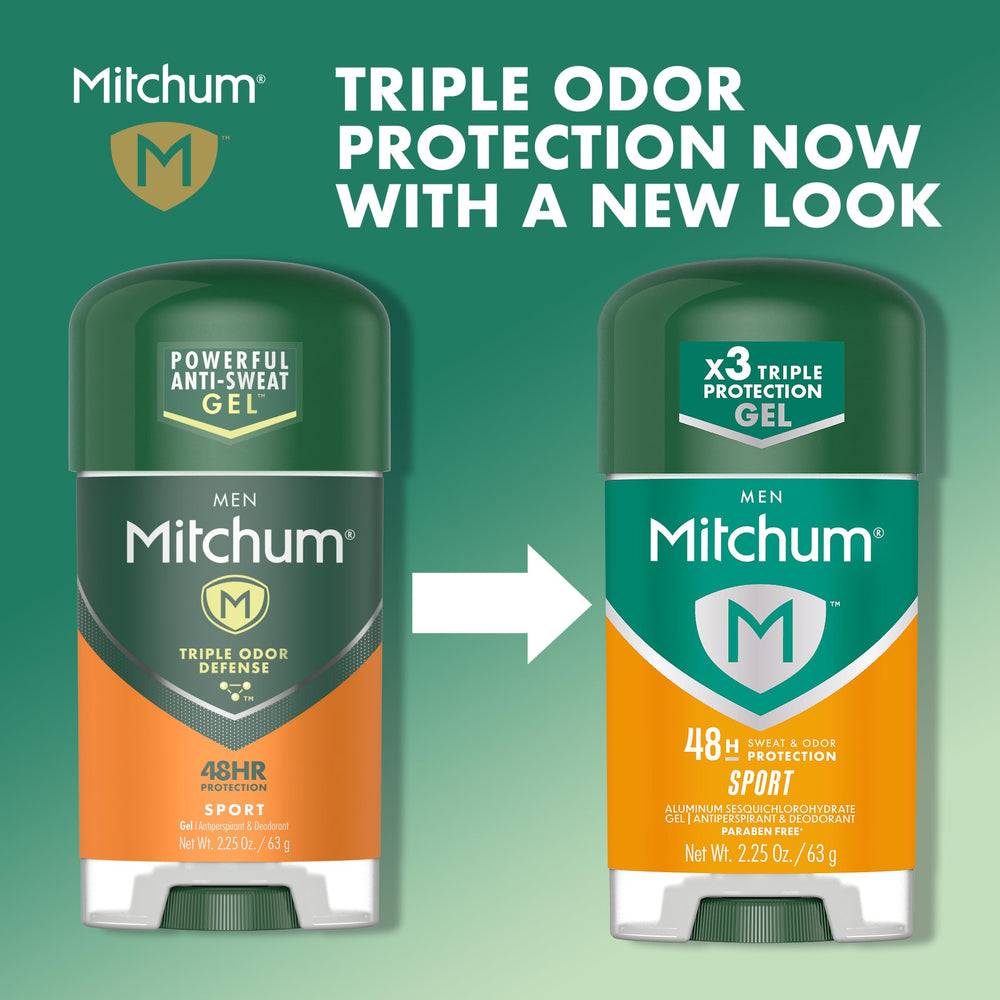 Paraben-free, dermatologist-tested Mitchum gel in a six-pack for skin-friendly wear.