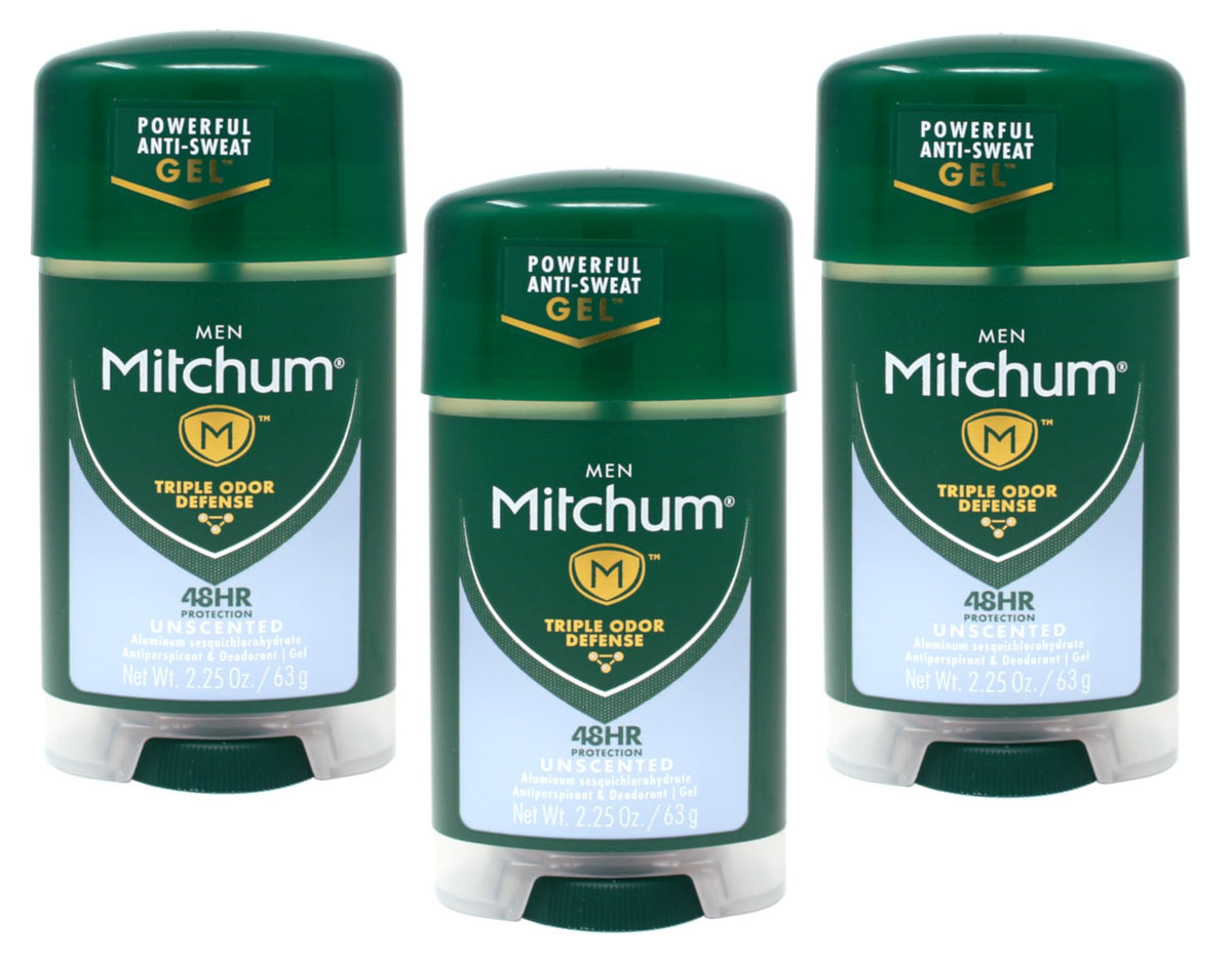 Mitchum Power Gel Unscented bottle front highlighting fragrance-free protection.