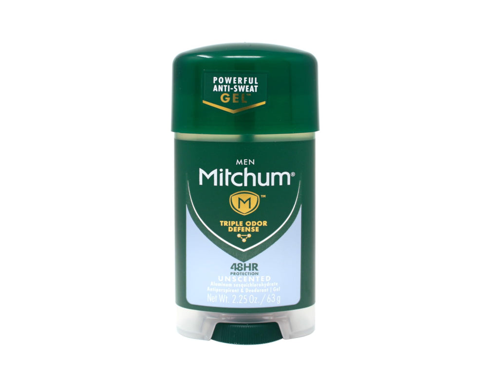 Close-up of Mitchum Power Gel Unscented texture showing quick-drying formula.