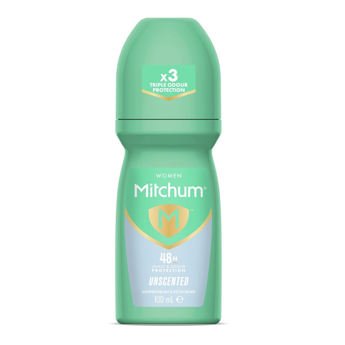 Mitchum roll-on unscented bottle close-up for sensitive skin.