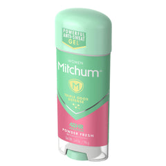 Mitchum Women Clear Gel Powder Fresh label close-up highlights fragrance and daytime protection.