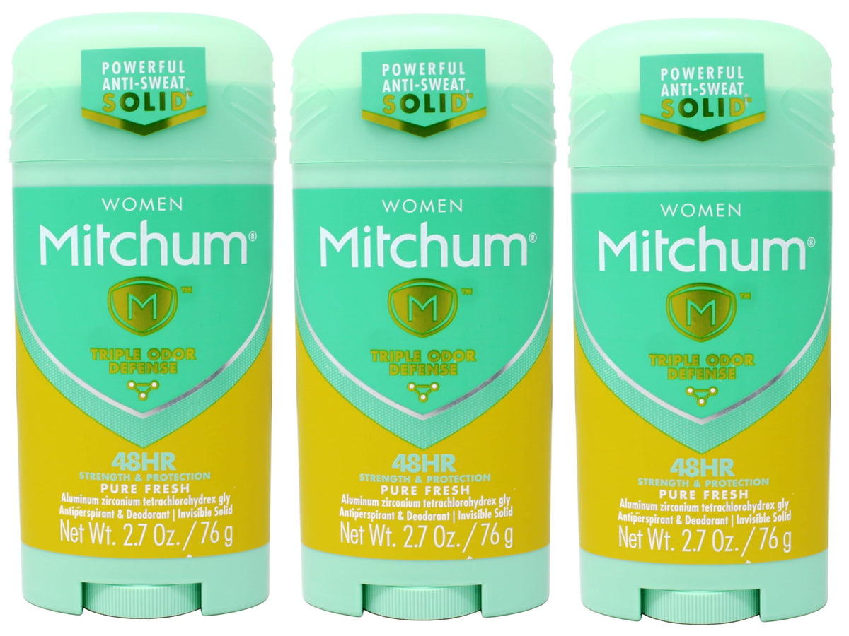 Mitchum Women Triple Odor Defense Pure Fresh pack of three bottles ready for long-lasting freshness.