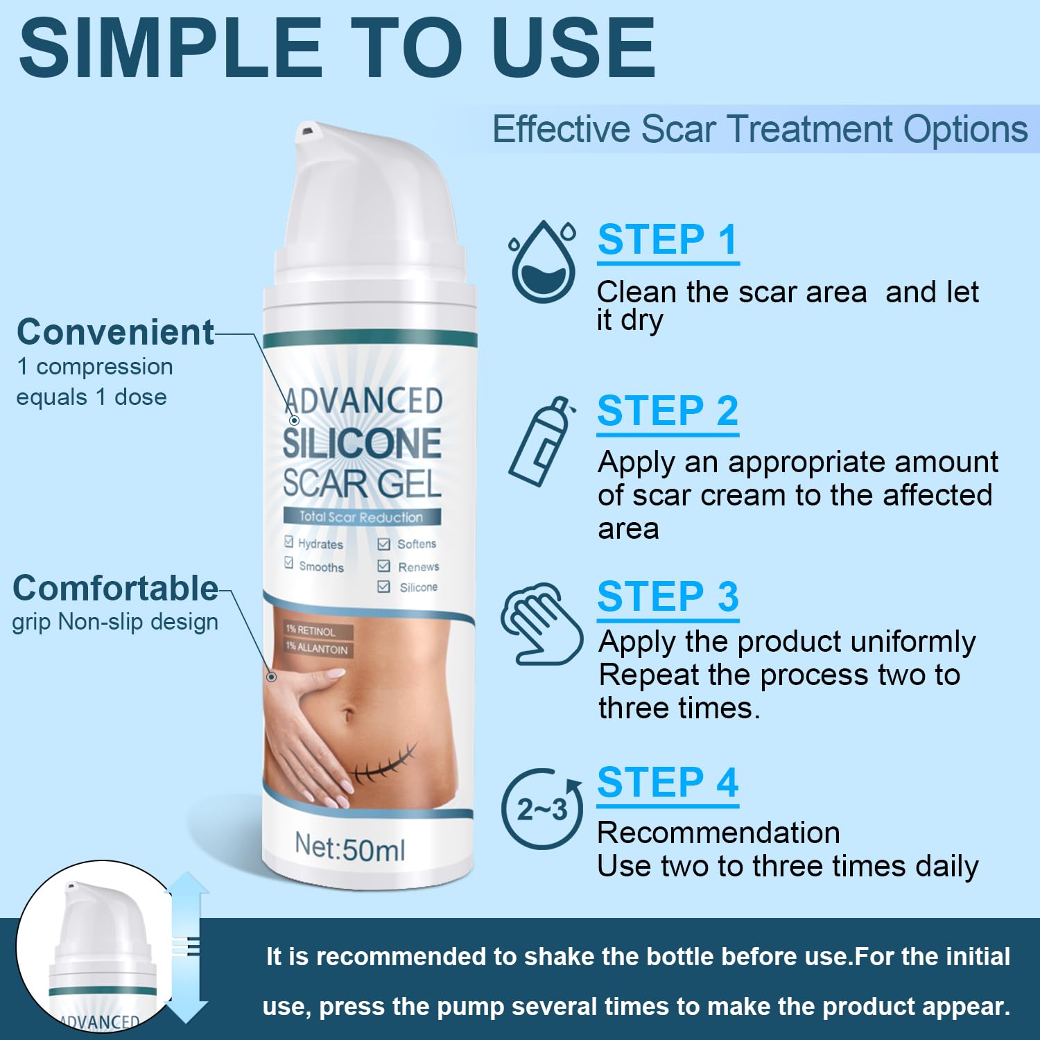 Mitgary Scar Gel helps soften stretch marks and smooth skin texture.