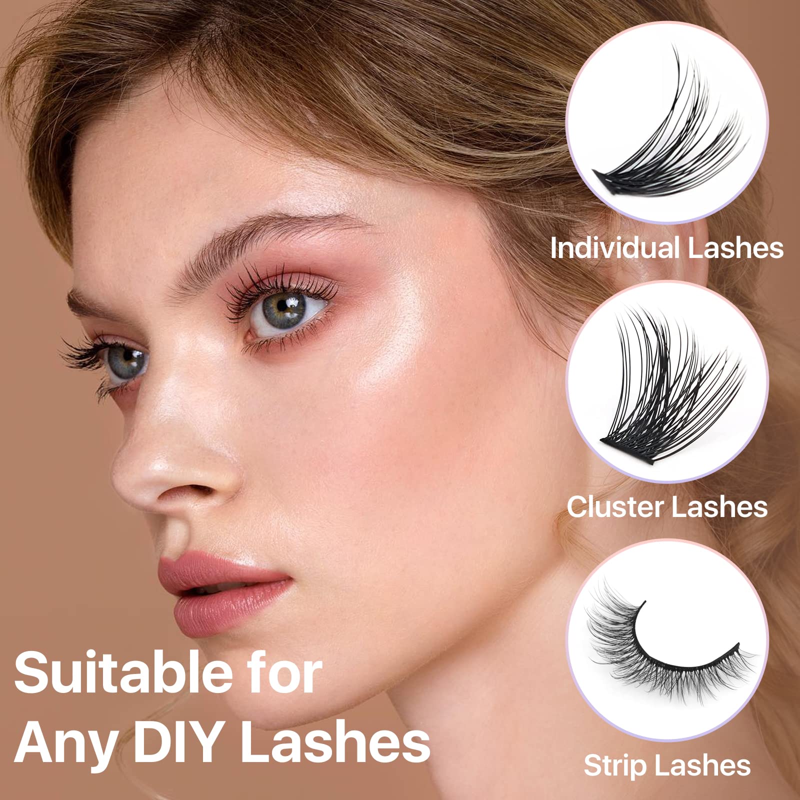 Miuffue cluster lash setup shows easy DIY extensions at home.