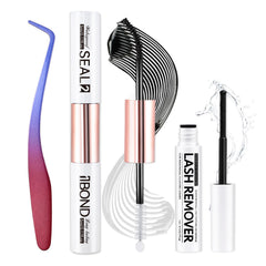 Miuffue lash kit with bond and seal and tweezers for precise application.