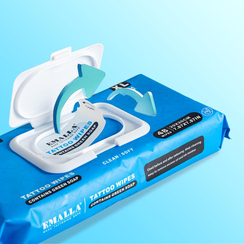 Miuxia Green Soap Tattoo Wipes for machine cleaning between steps.