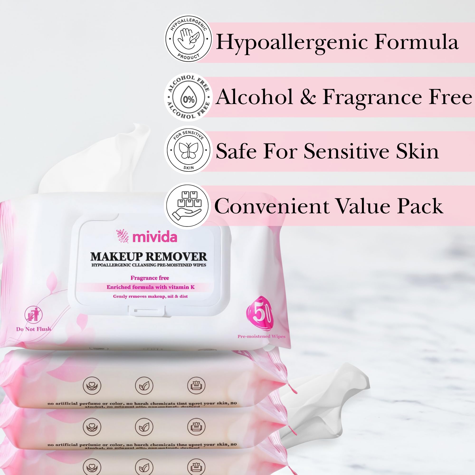 mivida fragrance-free wipes offer gentle cleansing for sensitive skin care
