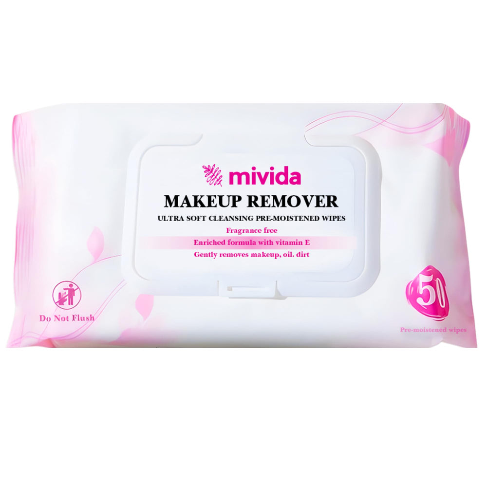 Mivida hypoallergenic makeup remover wipes bottle front with vitamin E for gentle cleansing.