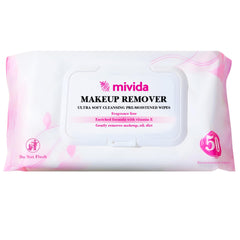 Mivida hypoallergenic makeup remover wipes bottle front with vitamin E for gentle cleansing.