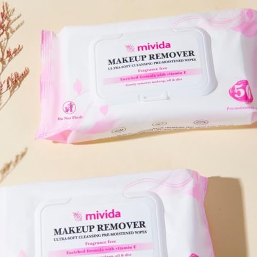 Mivida makeup remover wipes gently remove makeup from skin.