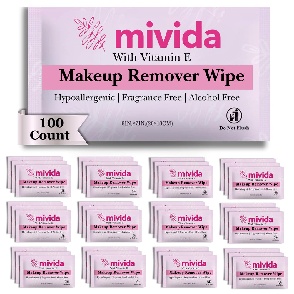 Mivida makeup wipes 100-count individually wrapped for on-the-go use.