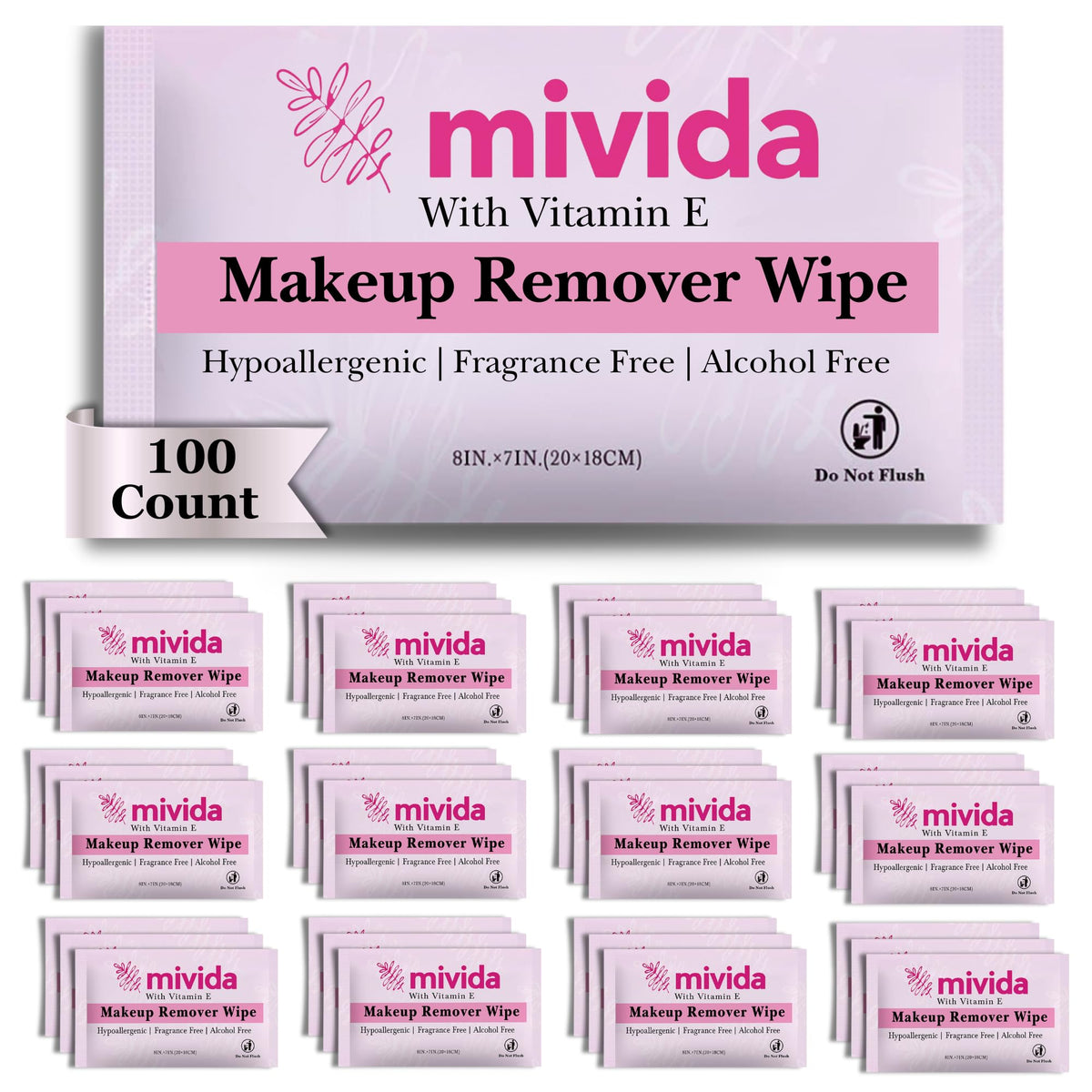 Mivida makeup wipes 100-count individually wrapped for on-the-go use.