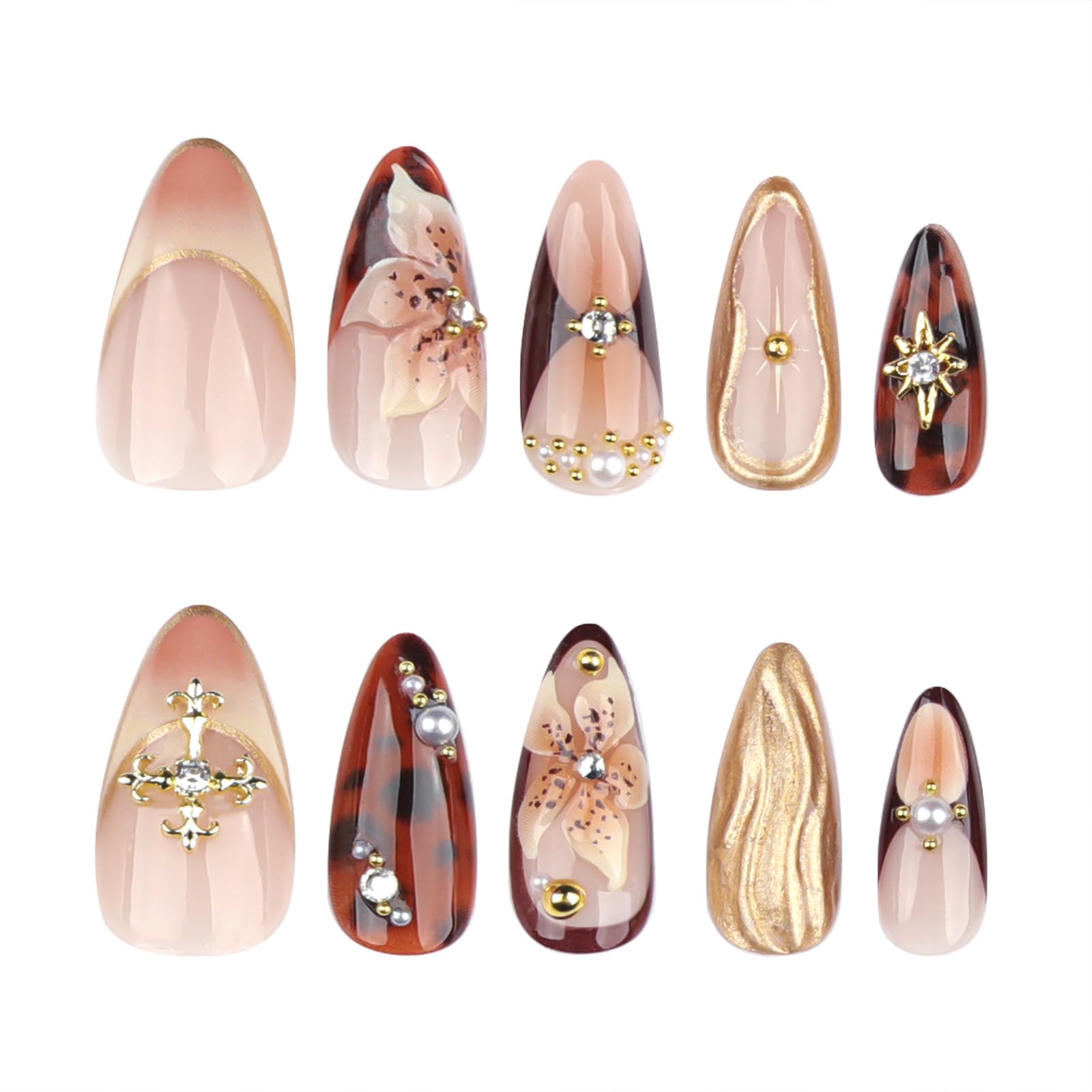 Mivota gold charms add sophistication to party-ready fake nails.